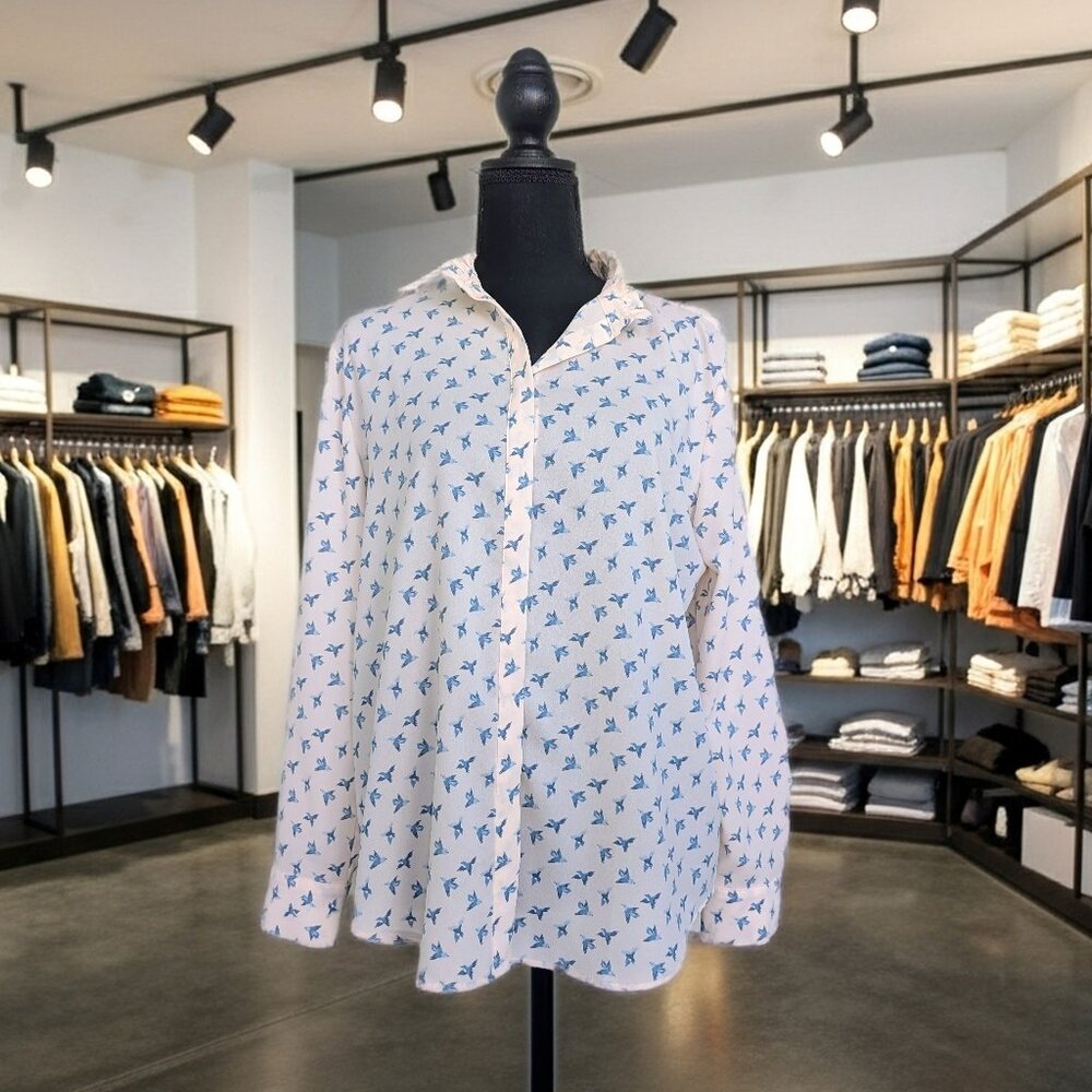 LOFT Large Petite Light Pink Blue Bird Print Button-Up Ruffle Collar Blouse